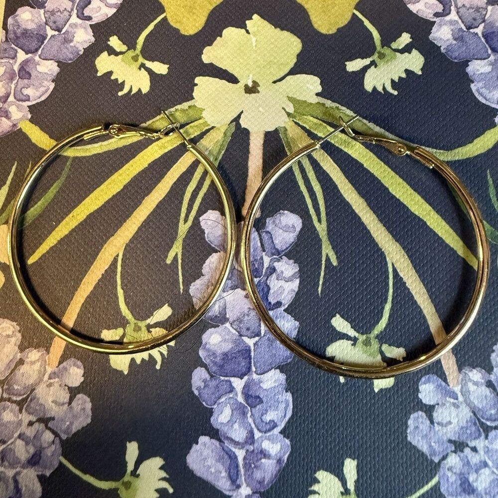 Gold Tone Hoop Round Earrings Metal Leverback Closure Lobe No Stone